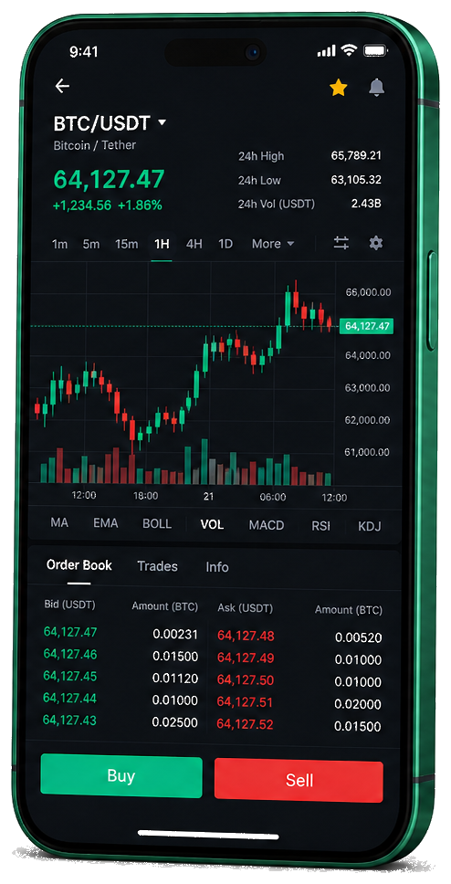 Capital Héritage trading platform on mobile — live BTC/USDT chart, order book, and buy/sell interface